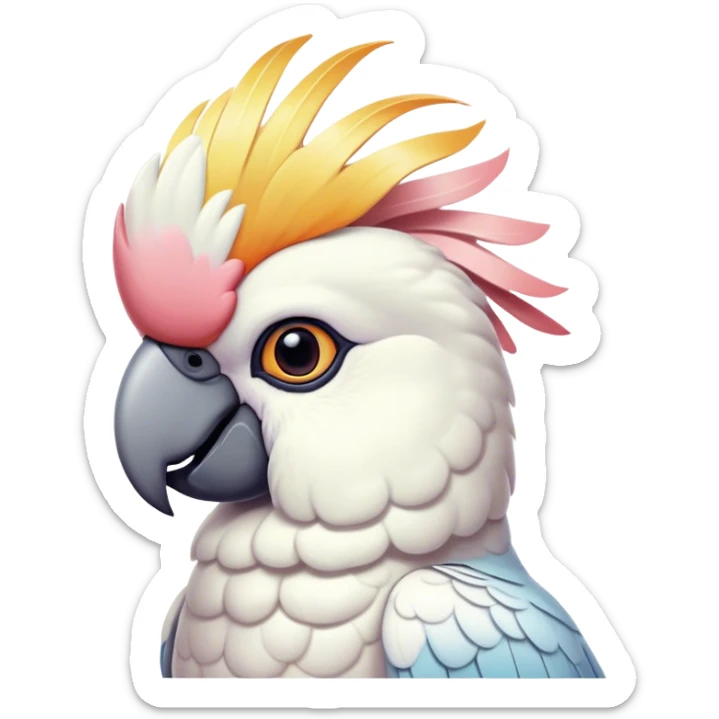 Cinematic Noble Cockatoo Portrait Emoji, Poised and regal, with a striking, crest-adorned head of brilliant white and pastel hues, a robust, curved beak, and piercing, intelligent eyes, Simplified yet sharp and sophisticated features, highly detailed, glowing with a soft, tropical luminescence, high shine, intelligent and majestic, stylized with an air of avian elegance, focused and alert, soft glowing outline, capturing the essence of a watchful and confident cockatoo that appears ready to unfurl its crest out of the screen with effortless authority! sticker