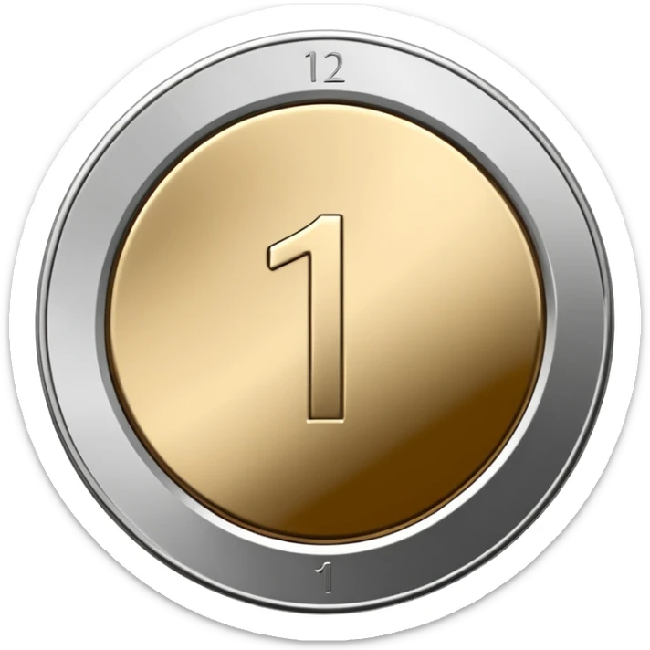 Emoji icon of a metal coin with engraved number 1, minimalist style, isolated, only metal color sticker