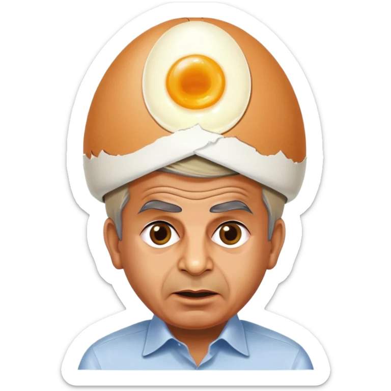 Pakistani Prime Minister Shehbaz Sharif with a whole egg balanced on his head, surprised expression sticker