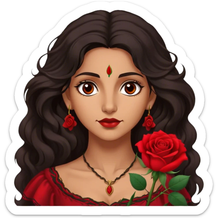 A Romani woman with long, wavy dark hair and a single red rose behind one ear. She has deep eyes and a confident, mysterious expression sticker