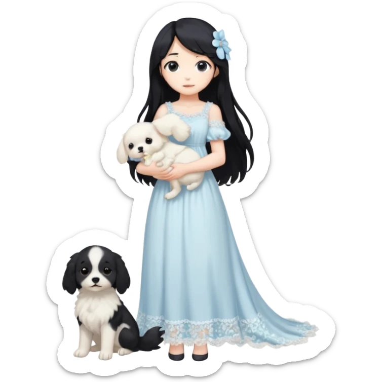 Pastel anime lady long hair with long lace dress full body holding puppy aesthetic background sticker