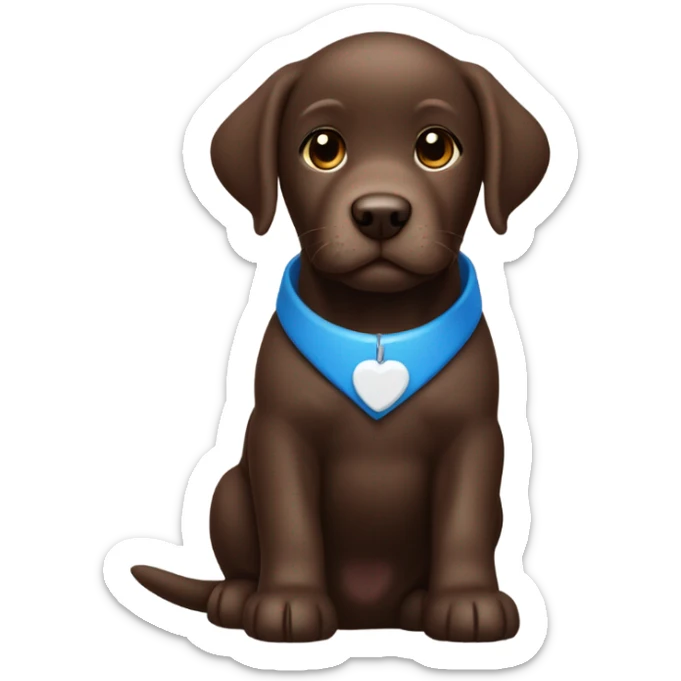 Chocolate labrador cute puppy with small white patch of fur on chest and blue small collar sticker