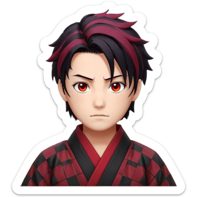 “Tanjiro Kamado, burgundy eyes, black hair with red tips, ember-textured scar, checkered haori, ultra-detailed anime realism, sharp strands, glowing highlights, 8k cinematic look.” sticker