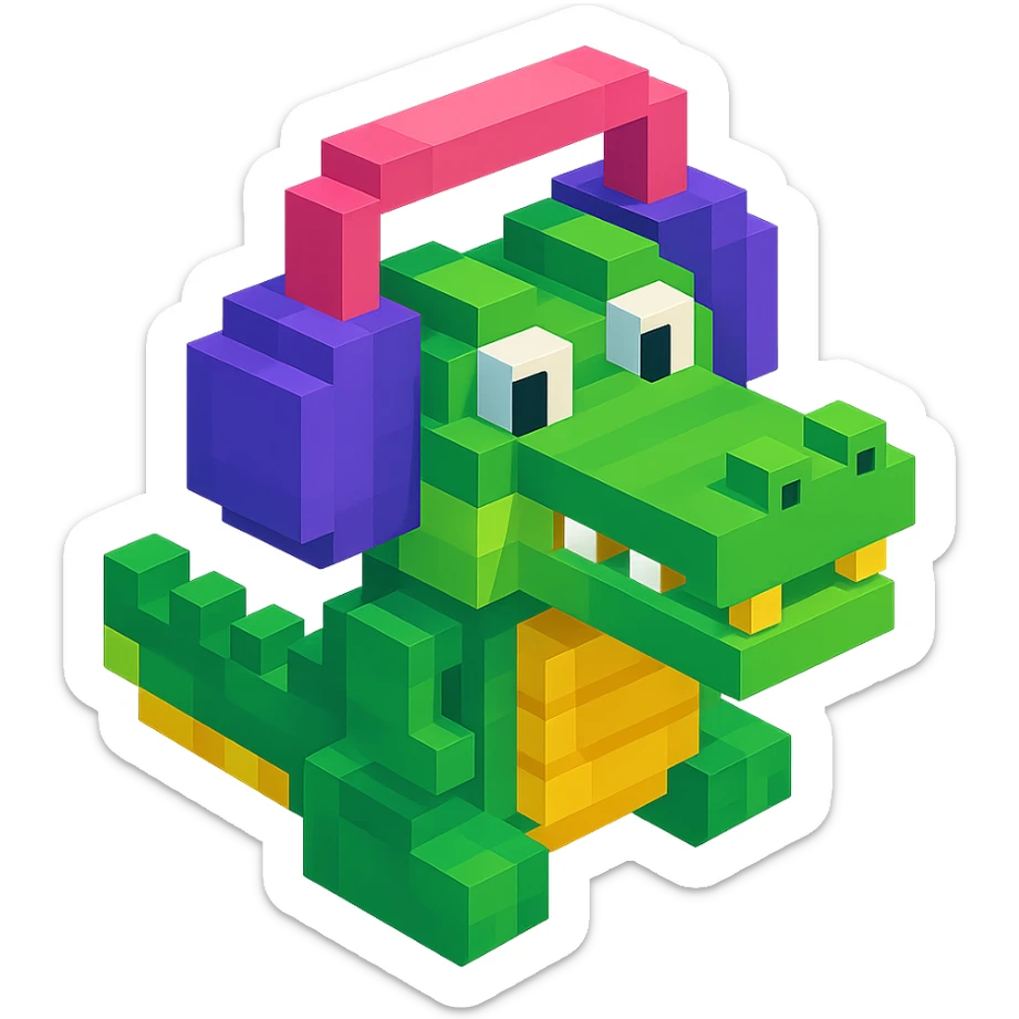 crocodile wearing large over-ear headphones, isometric view, voxel style sticker