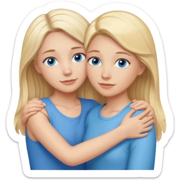 cinematic realistic two sisters with blonde hair and blue eyes hugging, one older and one younger sticker