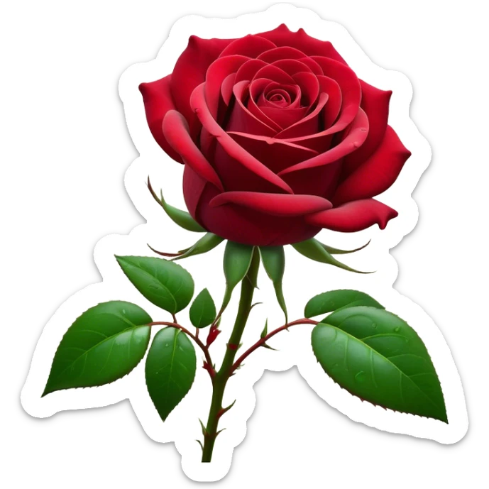 Cinematic Realistic Rose Emoji, Elegant and full of grace, with velvety, deep red petals unfurling in a perfect bloom, dew drops glistening on the soft edges, and a faint fragrance hanging in the air. The lush green leaves surround the stem, creating a vibrant contrast to the rich color of the petals. Soft glowing outline, capturing the essence of timeless beauty and romance in a single bloom. sticker