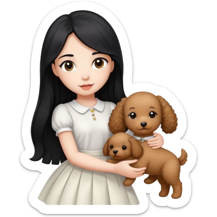 beautiful girl with long straight black hair wearing a white skirt holding a small brown curly teddy dog sticker