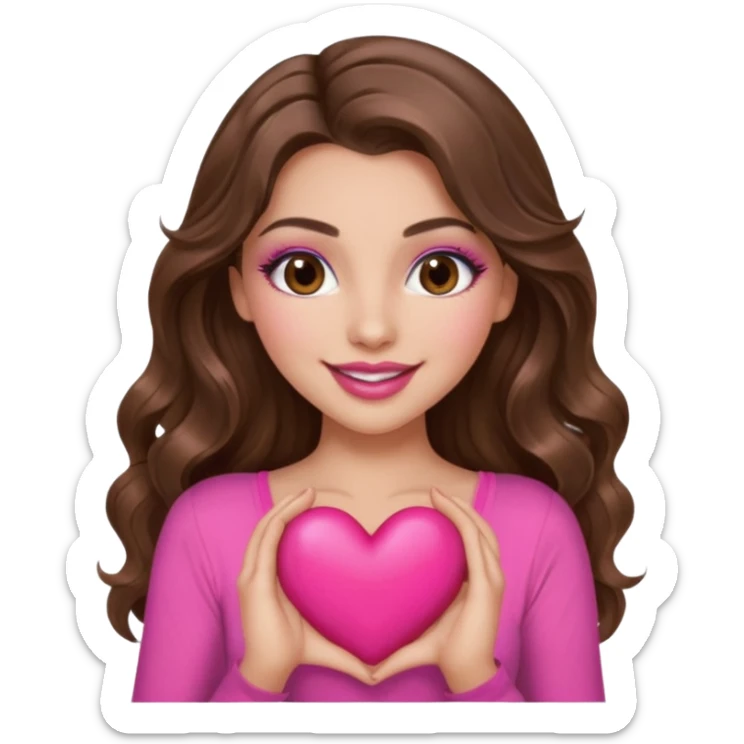 girl with long wavy brown hair, brown eyes, long lashes makeup, sexy pink lips, light to medium complexion, wearing a pink sexy top, smiling, holding a big heart sticker