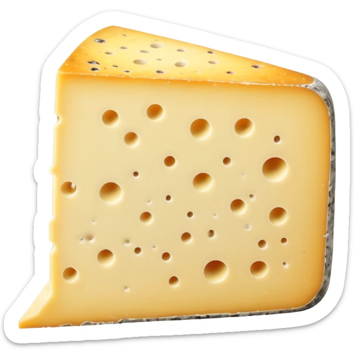 thick wedge of Tomme de Savoie cheese with pale yellow semi-firm interior and rustic gray-brown natural rind speckled with mold, slightly irregular aged texture with tiny holes, dense earthy appearance, soft lighting, subtle shadows, emoji scale sticker