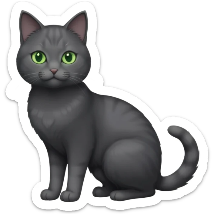 full body view of beautiful female solid dark grey cat with green eyes, white toes/paws and white patch on her chest sticker