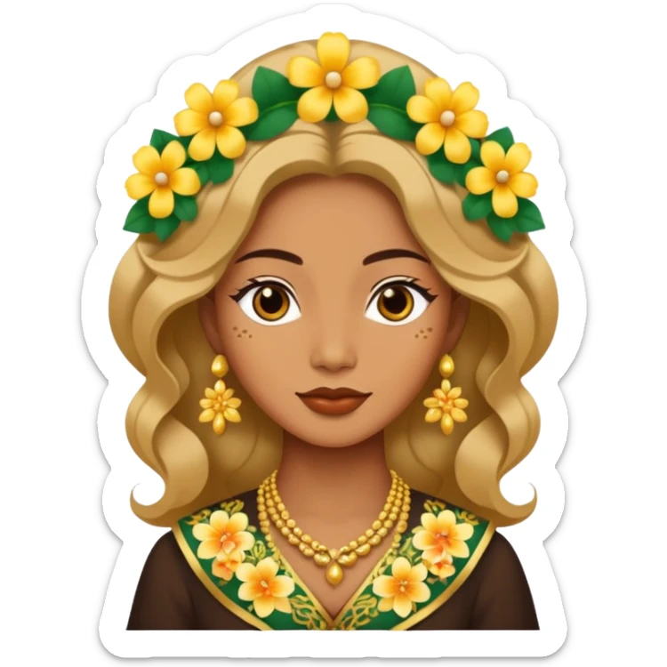 women with tan skin, wearing traditional Javanese hair with bouncy flowers, and wearing paes sticker