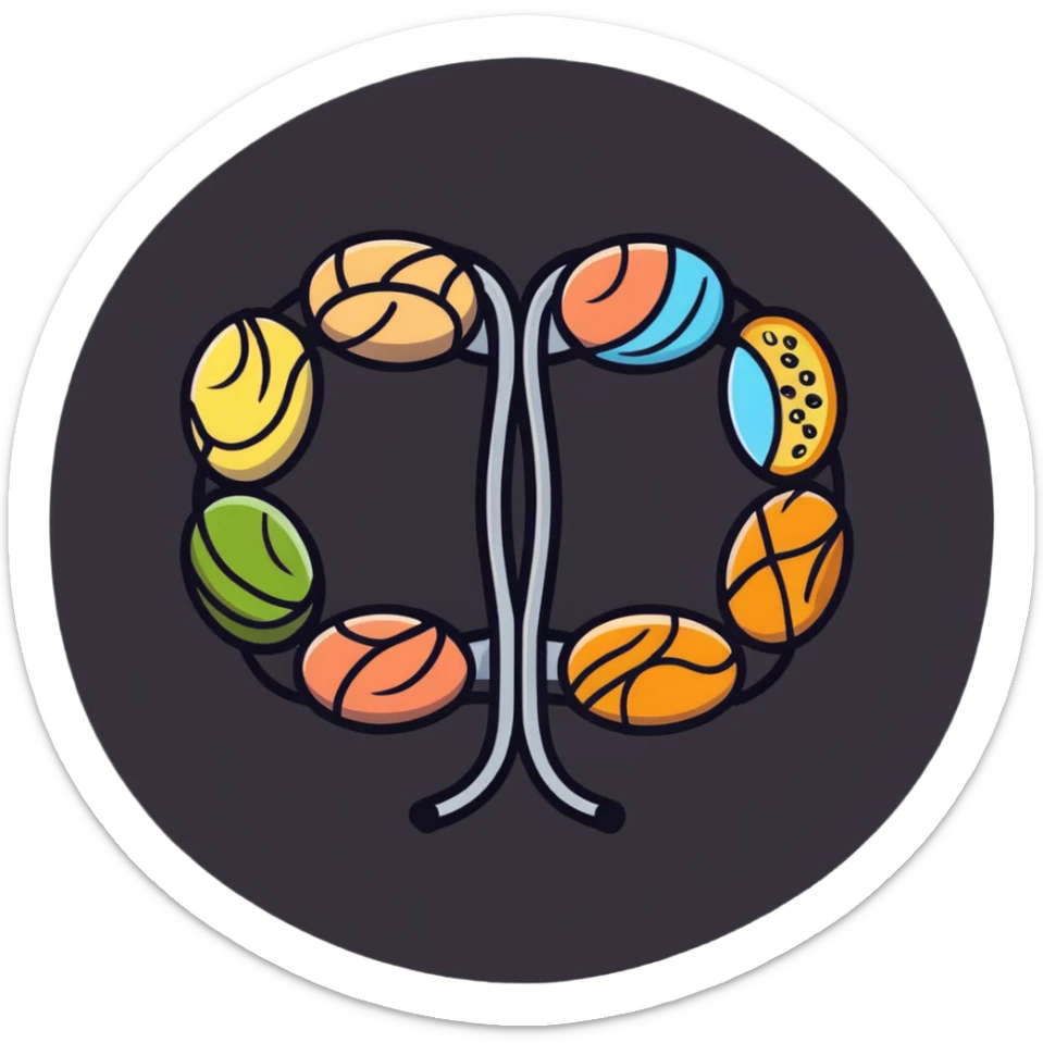 Vibrant muscle fibers in the center, with protein foods (meat, egg, beans, tofu, yogurt) connected together in a unified chain or cluster, floating together around the muscle fibers like a connected orbital ring. sticker