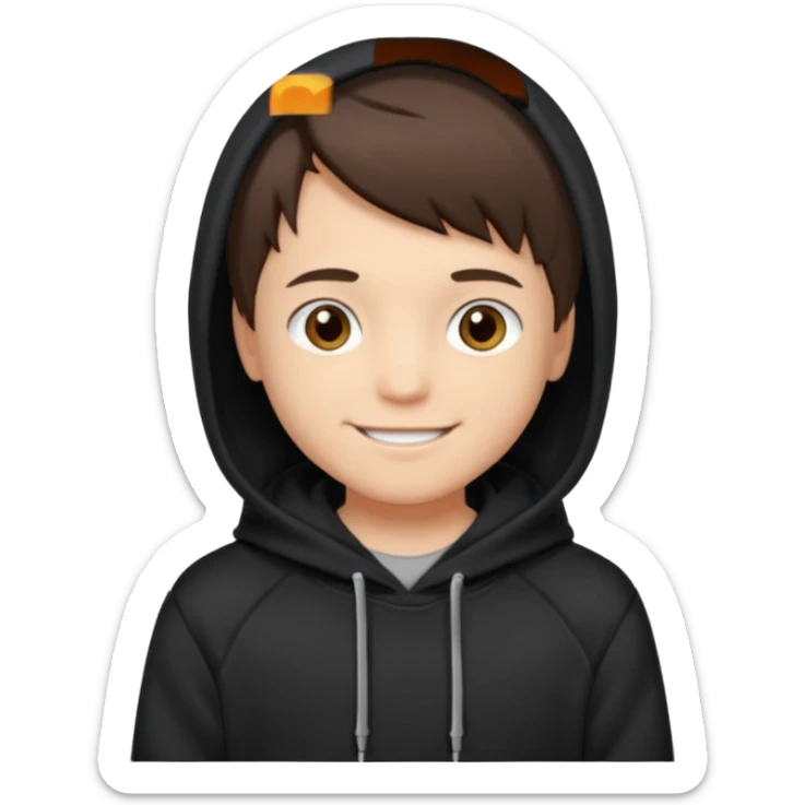 A brunette boy, short straight hair, light brown eyes, with a black sweatshirt with a hoodie, and smile  sticker