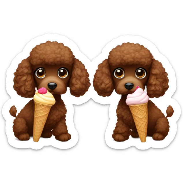Two brown toy poodles. One is smaller than the other one. One is eating ice cream, the other one is watching sticker