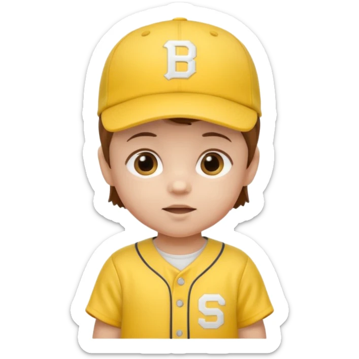 brown hair baby with yellow baseball ersey and hat sticker