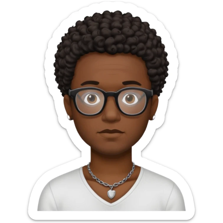 black man with short dark brown curly hair, black glasses, small tattoo on neck sticker