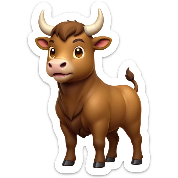 cinematic-[brown bull]-realistic-full-body-standing-emoji,-tail-flicking-lazily,-head-tilted-dramatically,-sleek-[brown]-fur,-simplified-yet-realistic-focused-features,-highly-detailed,-glowing-with-an-almost-sarcastic-glow sticker