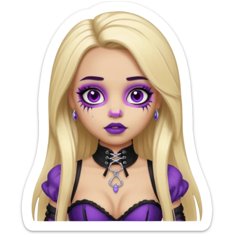 Ai light skin girl , who has straight long length blonde hair with heavy purple streaks , hazel eyes , and doll like makeup , with a septum piercing, in a black corset emoji sticker