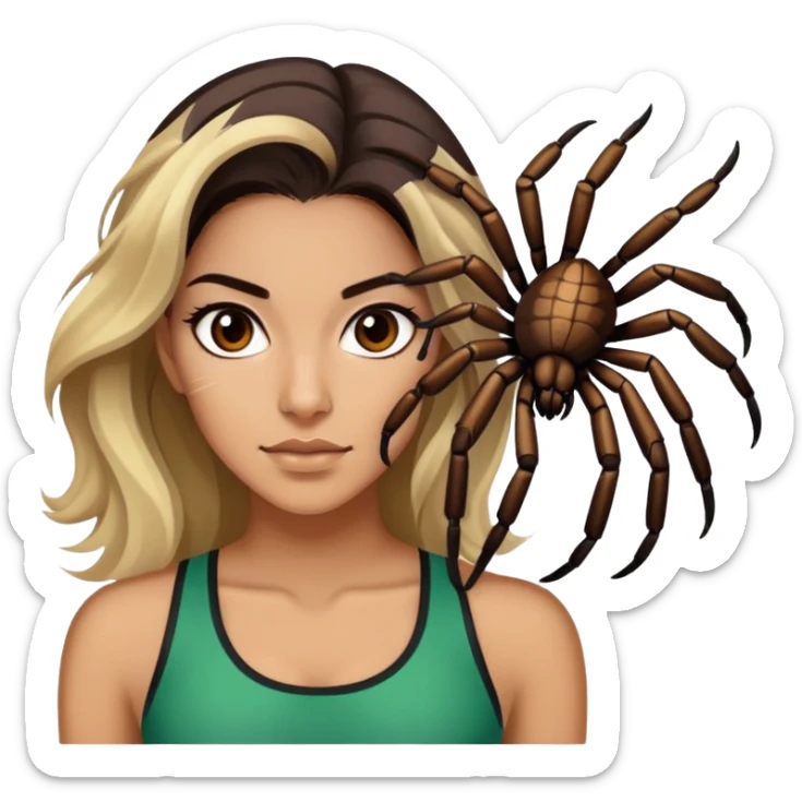 Attractive and athletic Mexican woman in her 20s with dark brown hair with some blonde highlights, with a tarantula sticker