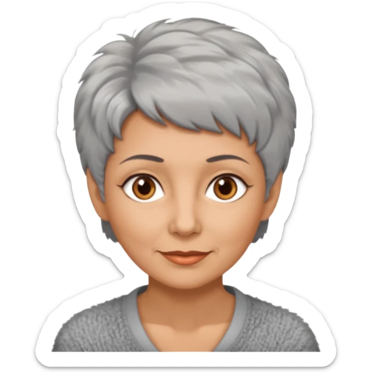 woman 50 years old, very short grey fluffy hair, tannes skin and brown eyes sticker