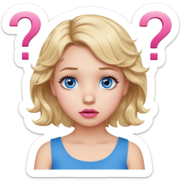 Girl Blonde short wavy hair,  blue eyes, cute blue top, long lashes, pink lips, question mark sticker