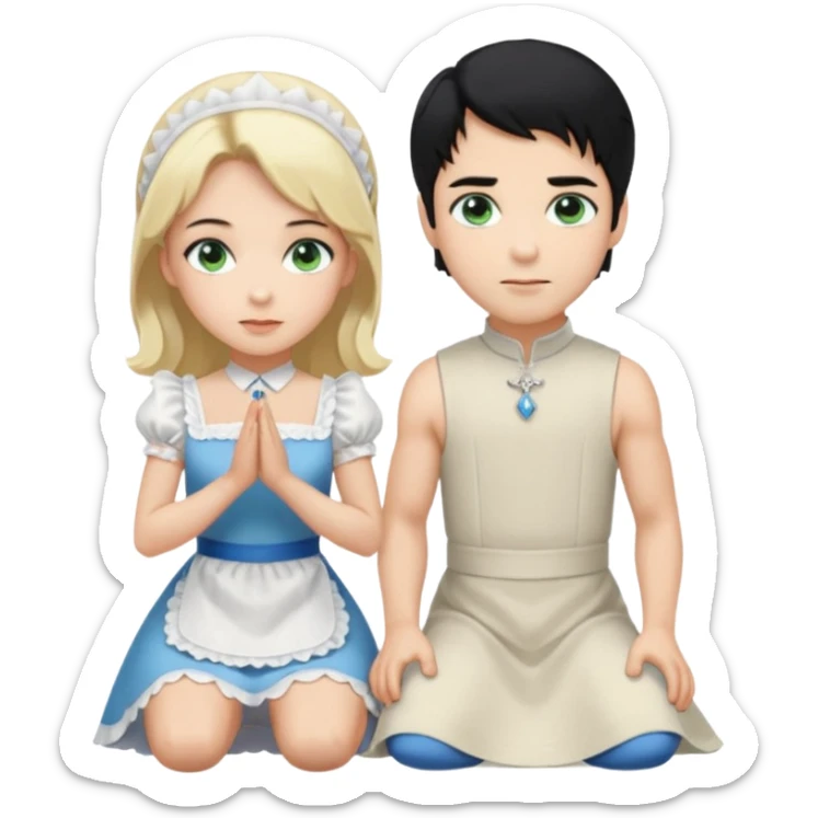 Prince, standing, black hair, blue eyes, garmont, and maid, blonde Hair, green eyes, white short sleveless dress, kneeling  sticker