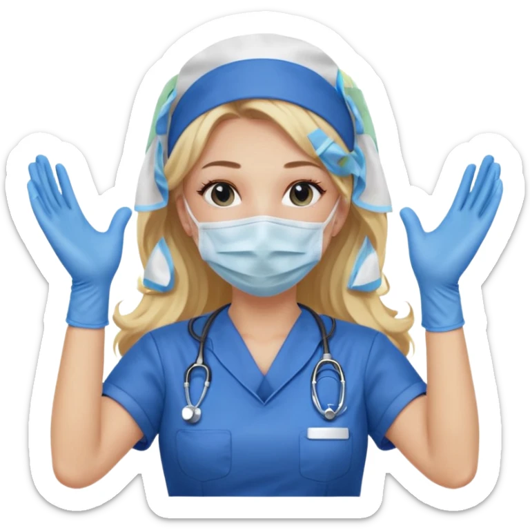 enfermera rubia con pelo largo sin balaca en el pelo, con mascarilla y guantes azules las dos manos arriba sticker