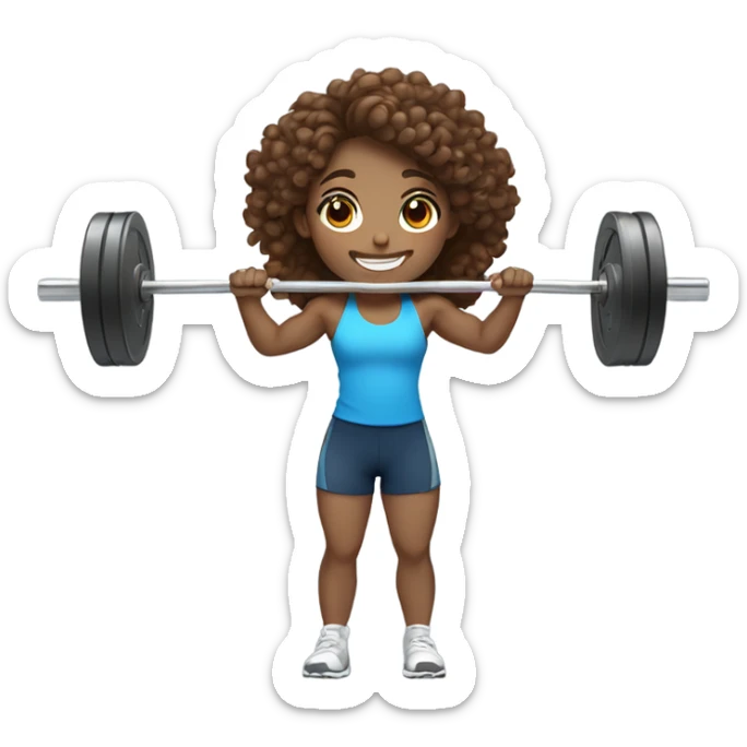 smiling girl weightlifting a barbell with fair skin, long brown curly hair and blue eyes sticker