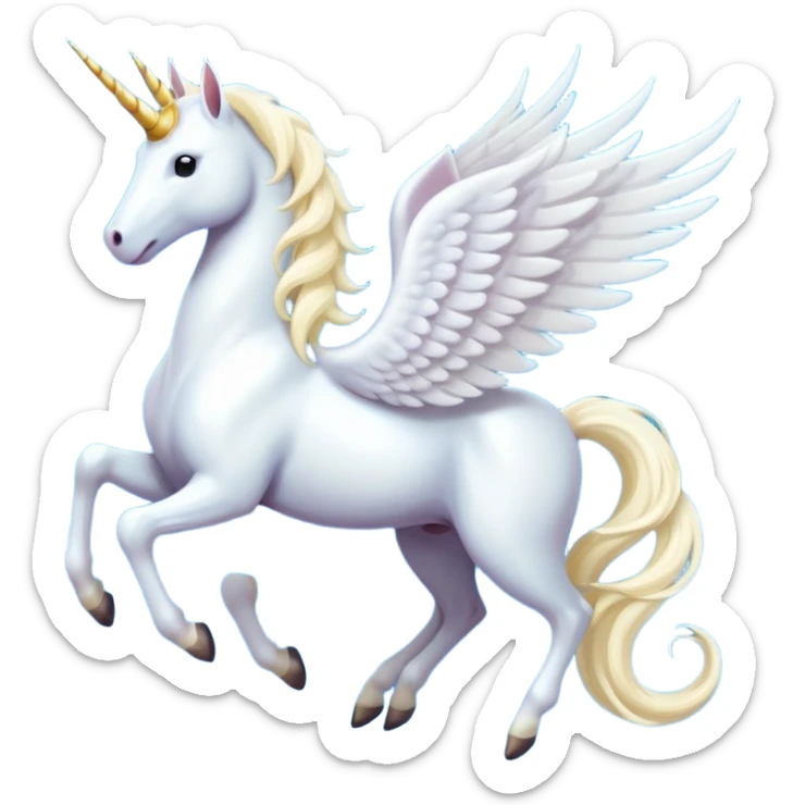 All white Cinematic Noble Unicorn with wings, slender with a flowing mane and tail and spiraled horn sticker