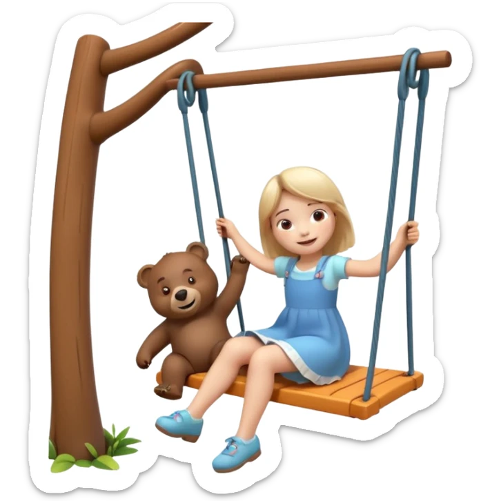 Create a 3D animated scene in the style of a children's cartoon. A small girl similar to Masha is sitting on a swing, smiling happily. A big friendly bear stands behind her gently pushing the swing. Bright colorful forest background, soft lighting, warm and playful mood." sticker