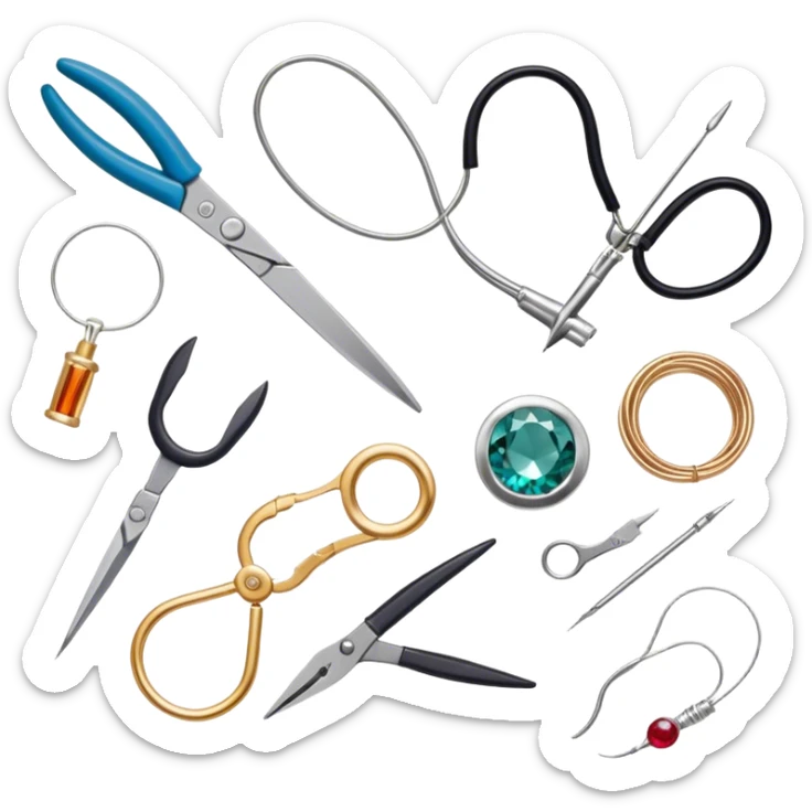 Jewelry art icon, various jewelry pieces like rings, necklaces, and bracelets in progress, visible tools such as pliers, gemstone, wire, and soldering equipment, minimalistic style, clean lines, transparent background. sticker