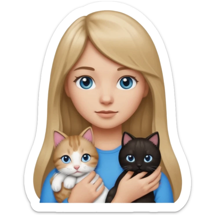 Apple-style emoji sticker of a young woman with long dark blond hair and bang, blue eyes , holding a kitty with black and white patch on her chest.  sticker