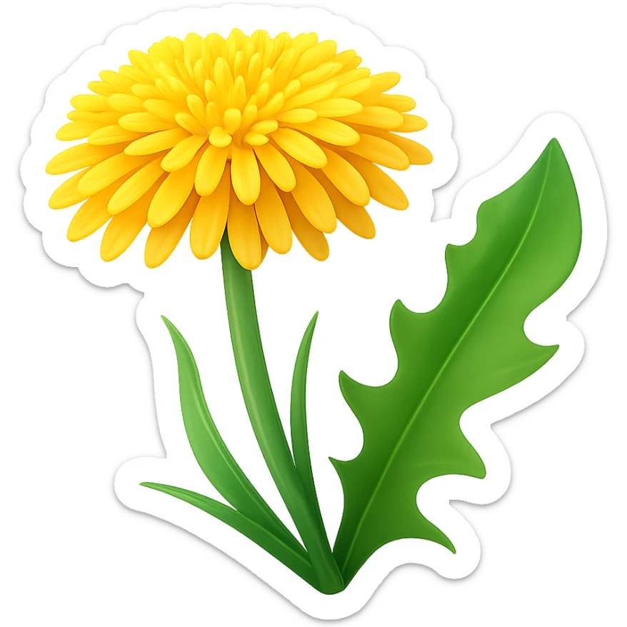 Create a 3D illustration of a dandelion in the style of iOS Apple emoji, featuring a voluminous yellow flower and a green leaf, on a transparent background. The style should mimic the Apple emoji look with smooth shading and vibrant colors. sticker