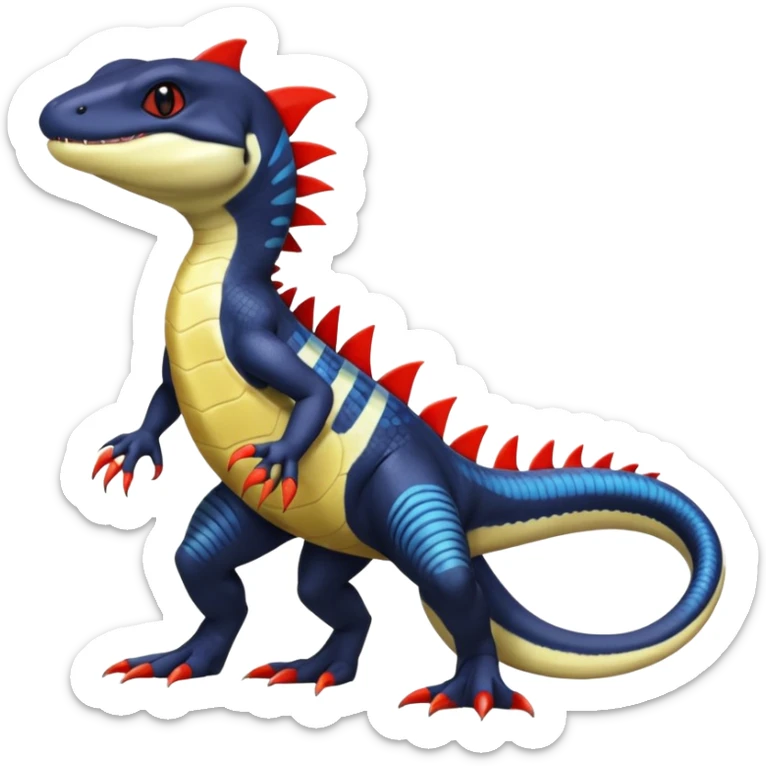 Black and white Orca-hybrid-reptile-reptilian-lizard-skink-gecko-Digimon-Fakémon-Pokémon-fusion-hybrid full body, two legs, two arms, claws, anthropomorphic, with red stripe sticker