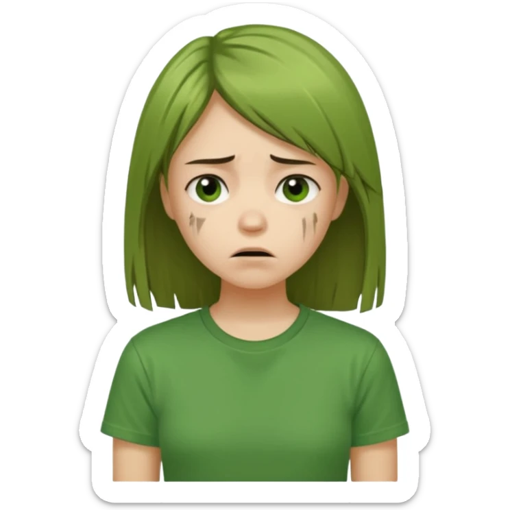 Chica joven con el pelo liso y dañado, descuidado, camiseta verde, con cara triste y desanimada sticker