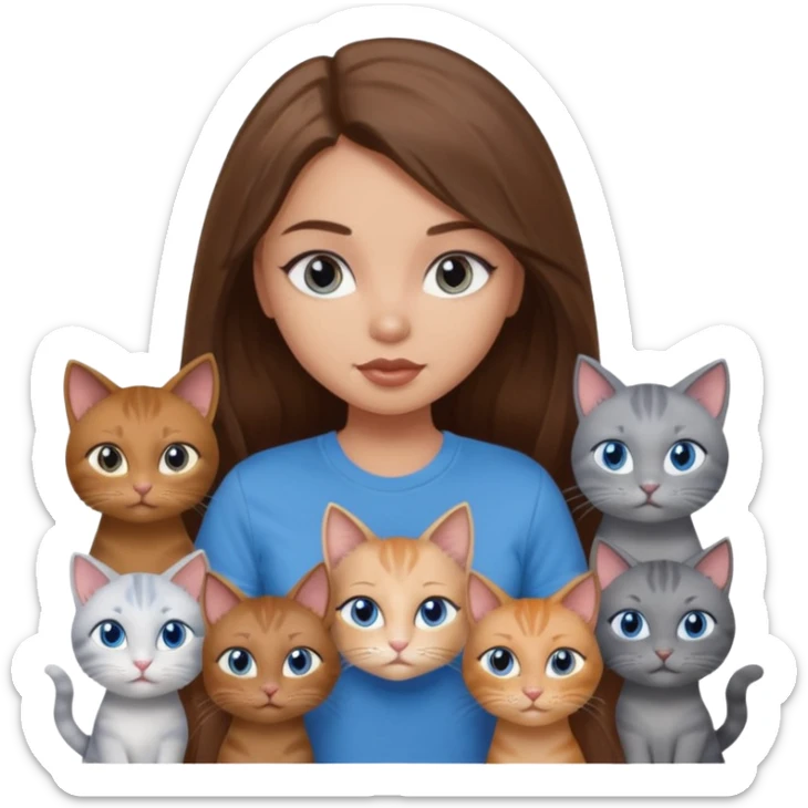 a pretty bratz dusky light skin girl with long brown hair, blue eyes with six cats nd wearing a grey tshirt sticker