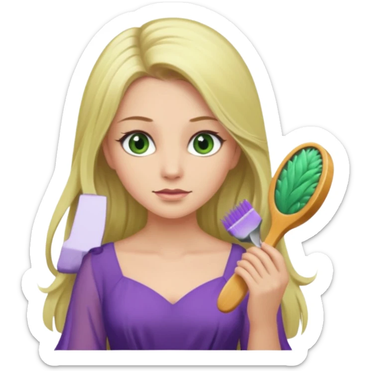 blonde woman with swamp green eyes, soft purple dress, combing her long hair, iOS emoji style sticker
