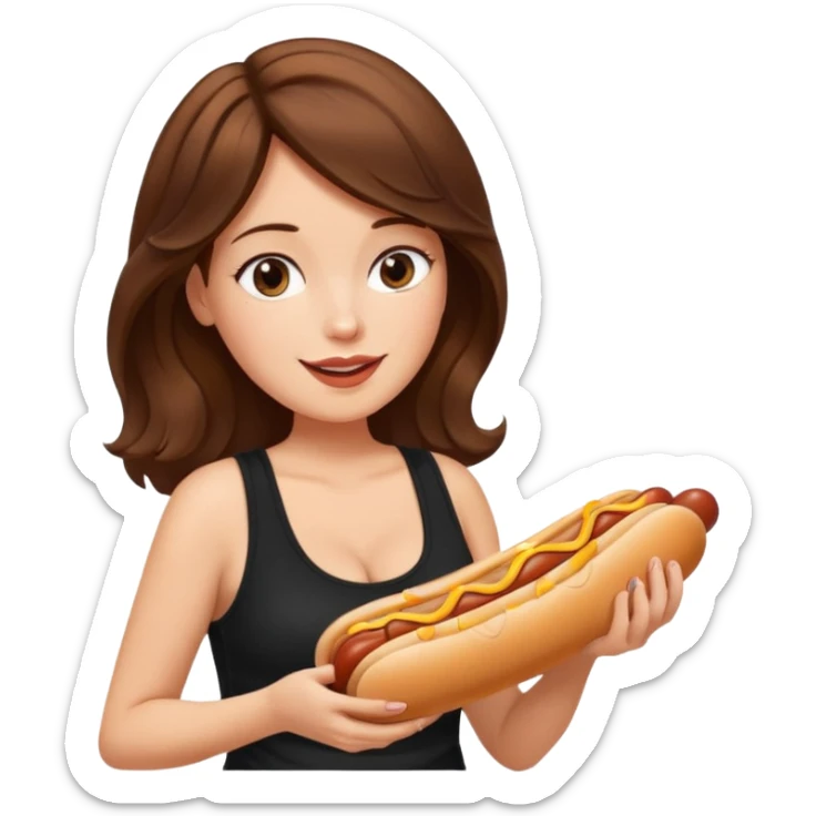 Medium length wavy Brown hair. Very Large boobs. Black tanktop. Side profile. Hot dog sticker