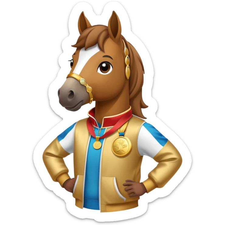 friendly anthropomorphised horse in a hip-hop outfit, wearing a gold medal sticker