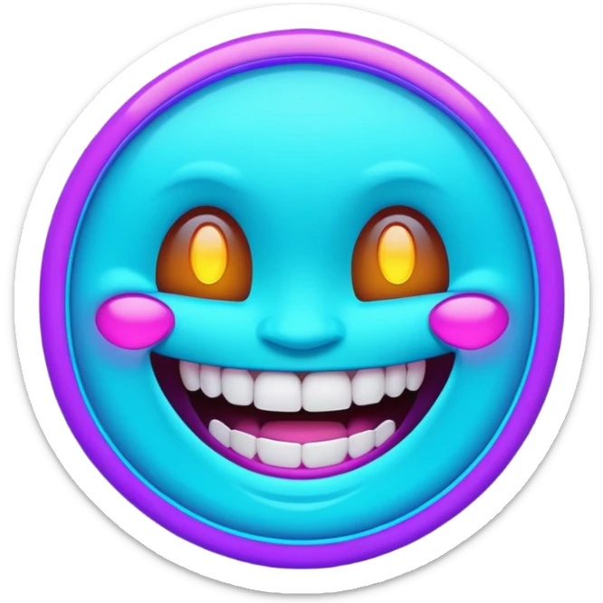 futuristic glowing emoji face laughing wide with glowing teeth, purple and cyan neon light, dark background sticker