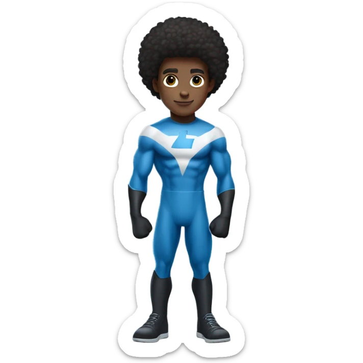 A full body Muscular Afro teenage boy standing in a Blue Mr. Fantastic superhero costume with a backward number 4 on the chest. sticker