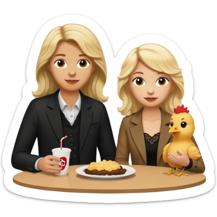 Love tan woman long wavy blonde hair and black lace  with  a man short blonde hair wearing Brown  jacket eating chick filet  sticker