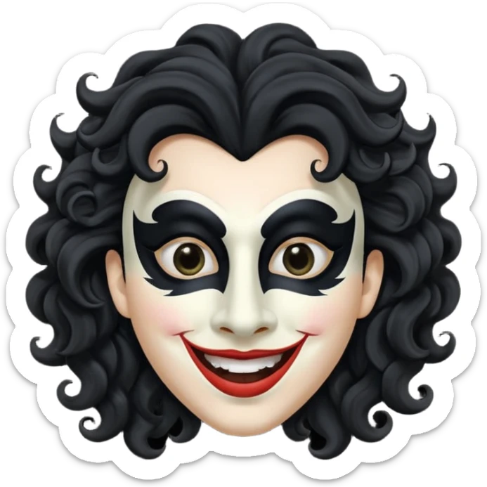 generate theatre mask emoji with a big curly black hair 

wide black smile, long and pointy white nose, pitch black eyes sticker