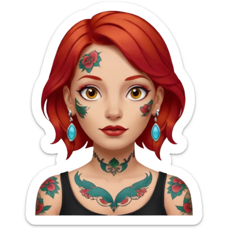 red hair woman with extra  big earring and face tattoed sticker