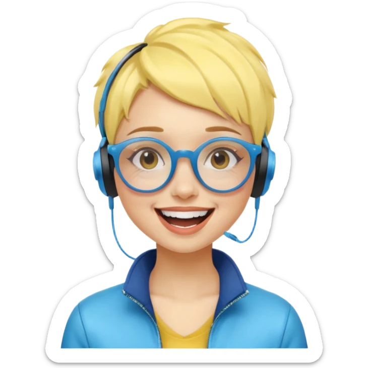 yellow-skinned girl with stylish blue ombre short hair, futuristic glasses, wireless headphones, laughing sticker