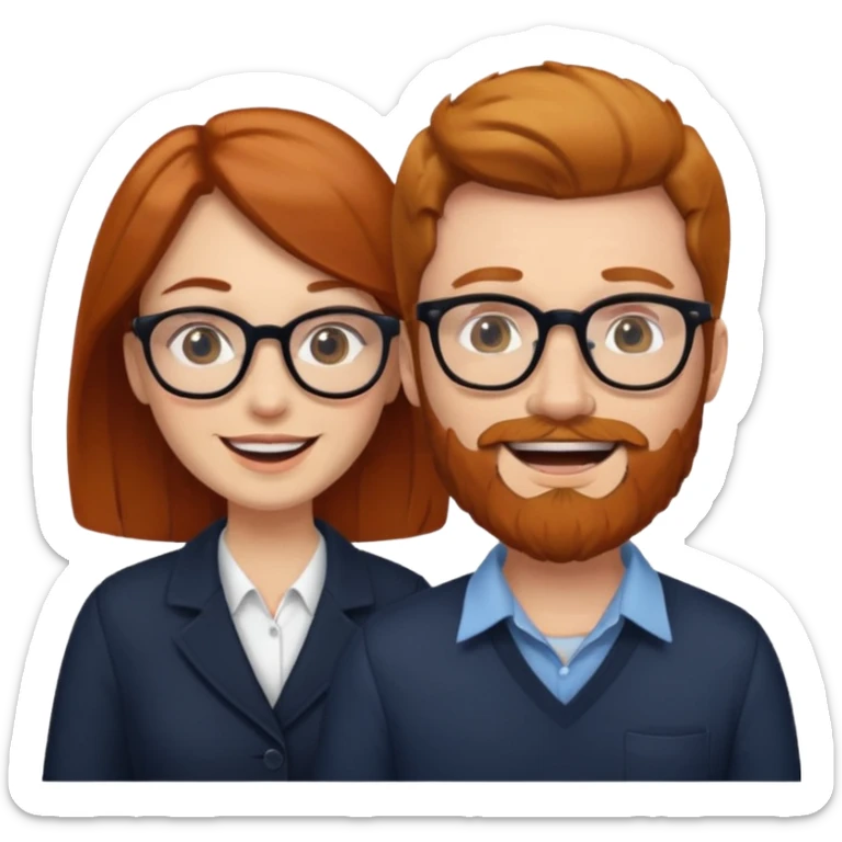 Wedding couple. Woman with dark hair, man with ginger hair and beard with glasses sticker