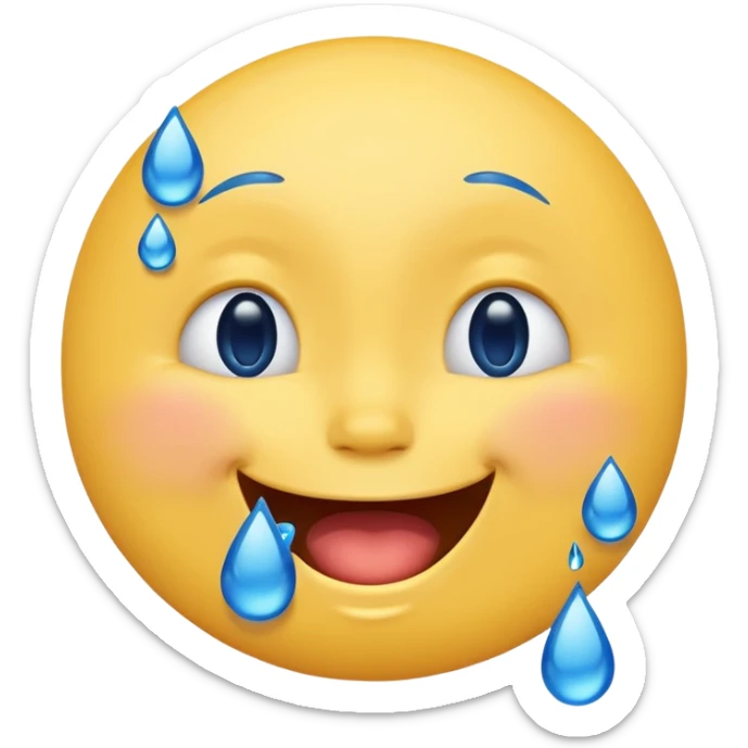 Emoji, yellow round laughing face, blue tears of joy on it. 2 big blue tears on each of the 2 cheeks sticker