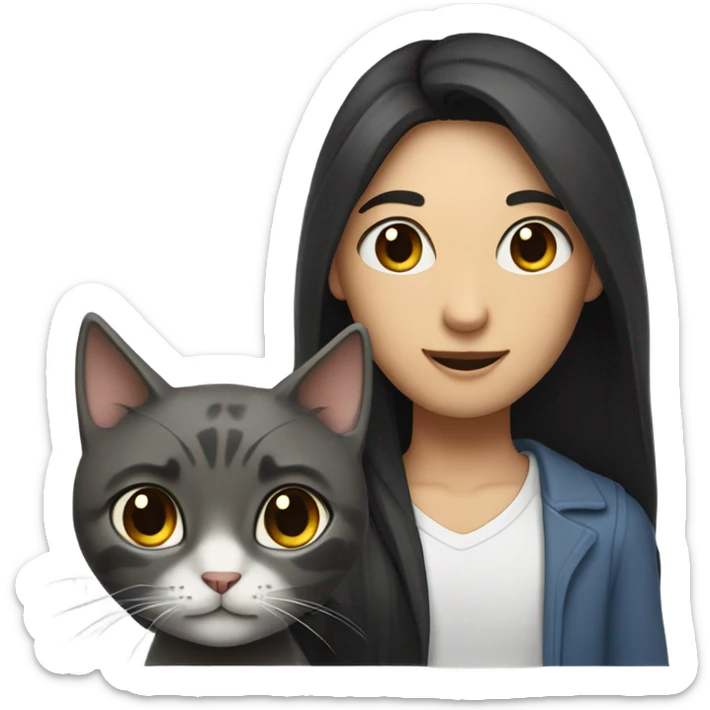 man with very long dark hair and brunette girl with grey cat in her arms sticker