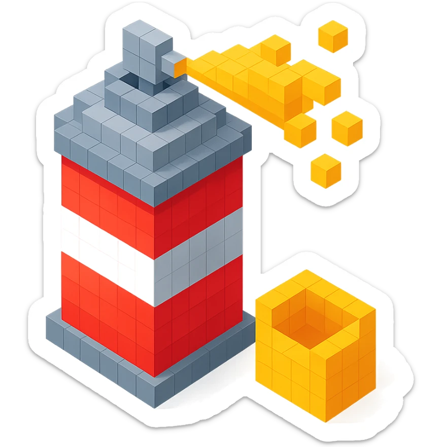 voxel style spray paint can with gold paint, cap off, isometric view sticker