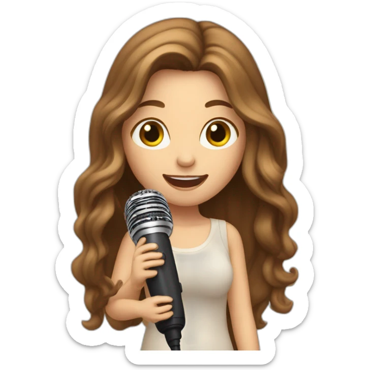 Caucasian girl with long Brown hair performing with a michophone singing sticker